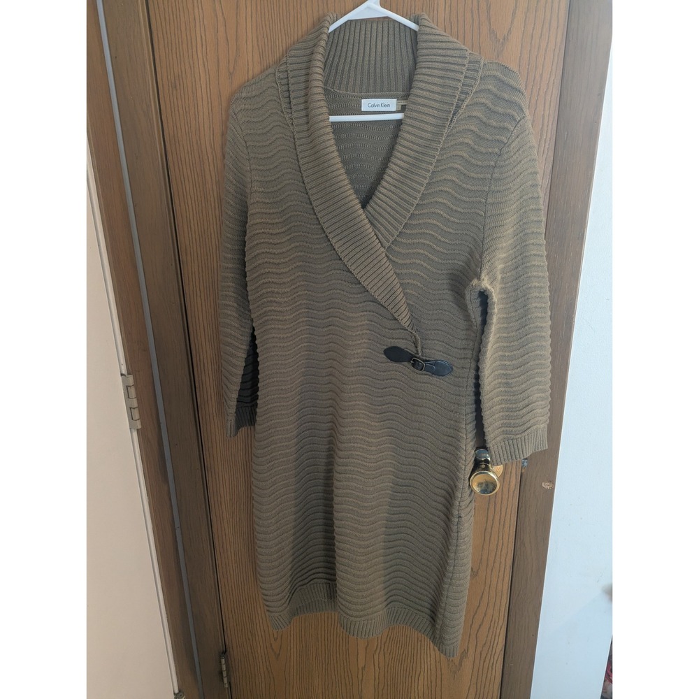 Calvin Klein Taupe Brown Textured Knit Shawl Collar Buckle Sweater Dress Large